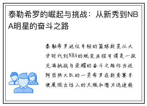 泰勒希罗的崛起与挑战:从新秀到NBA明星的奋斗之路